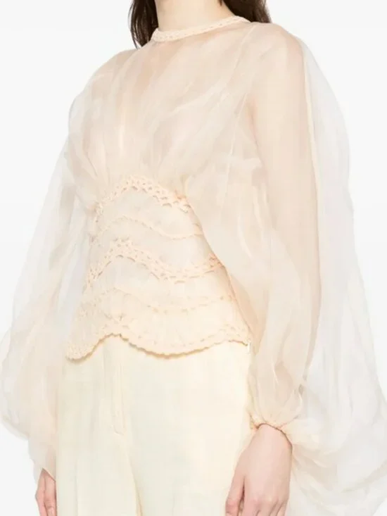 ZIMMERMANNIlluminate macramé and tulle-trimmed gathered silk- organza blouse - Picture 7 of 9